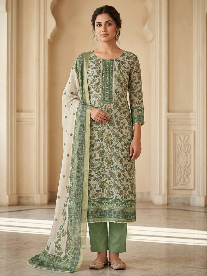 Pista Green Chanderi Printed Unstitched Dress Material