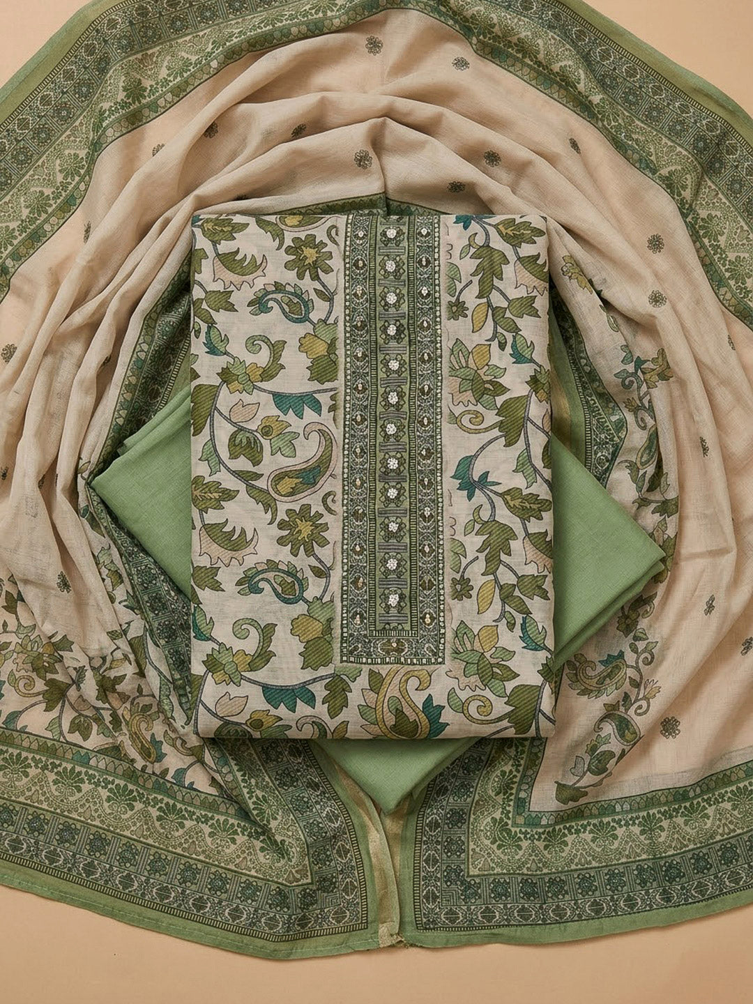 Pista Green Chanderi Printed Unstitched Dress Material