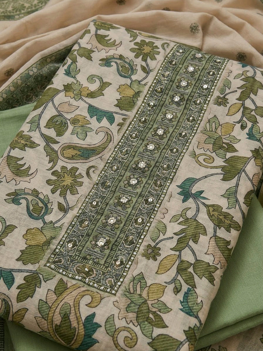 Pista Green Chanderi Printed Unstitched Dress Material