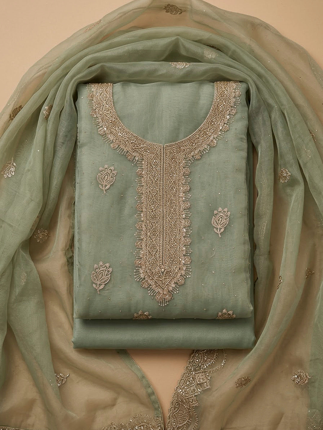 Aqua Green Organza Embroidered Unstitched Dress Material