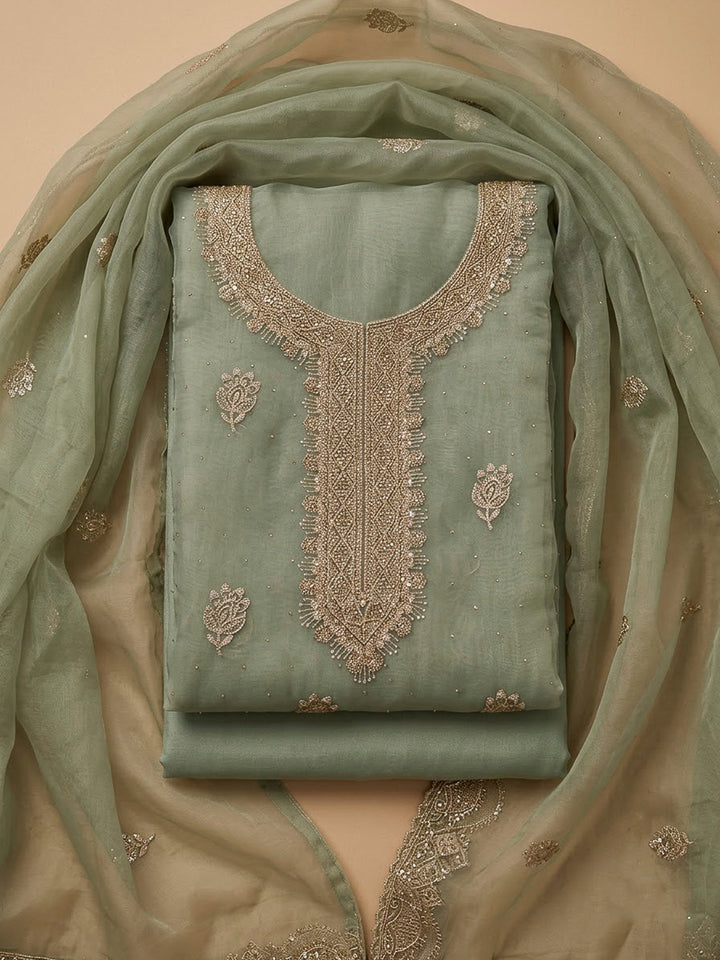 Aqua Green Organza Embroidered Unstitched Dress Material