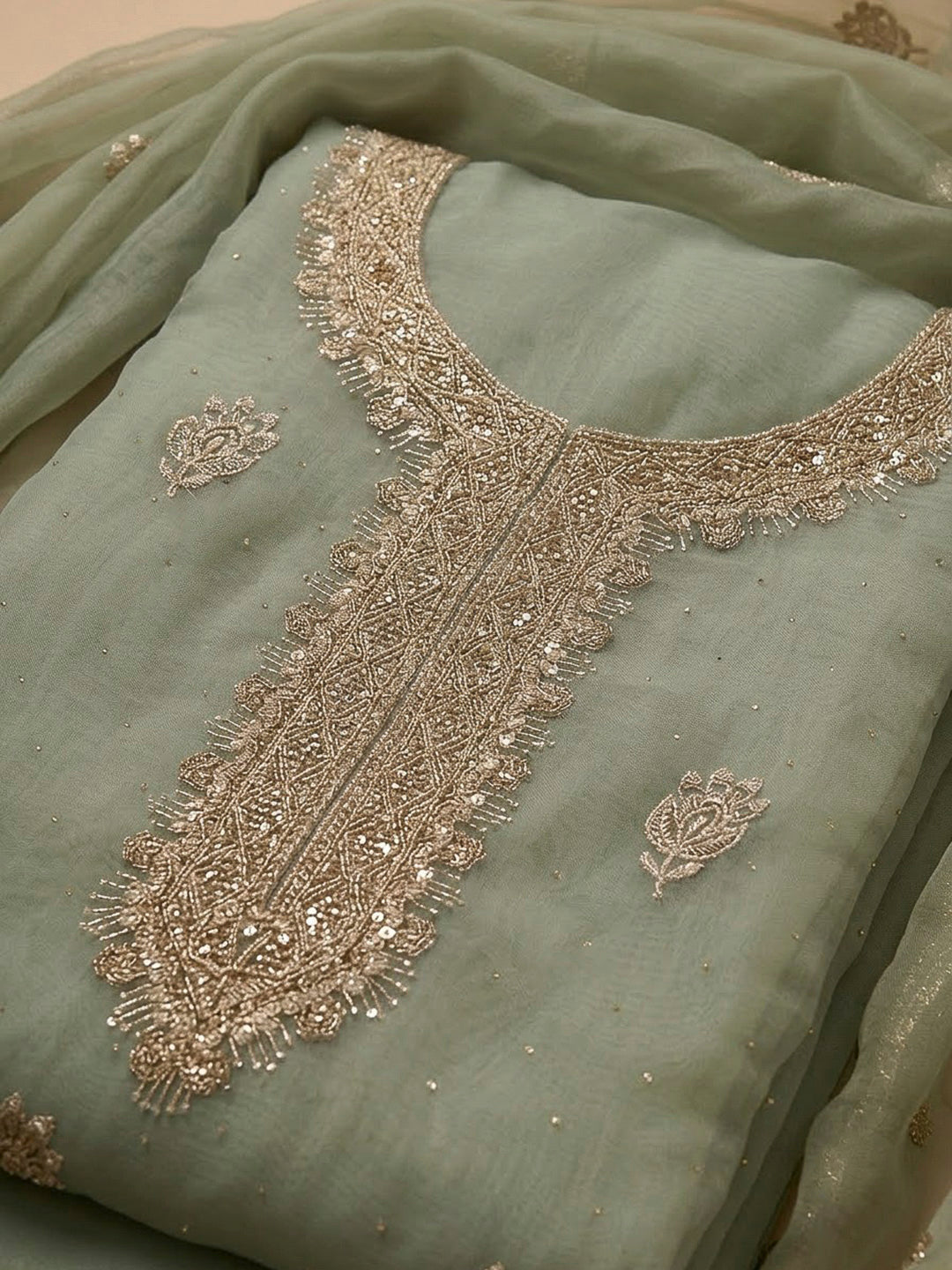 Aqua Green Organza Embroidered Unstitched Dress Material