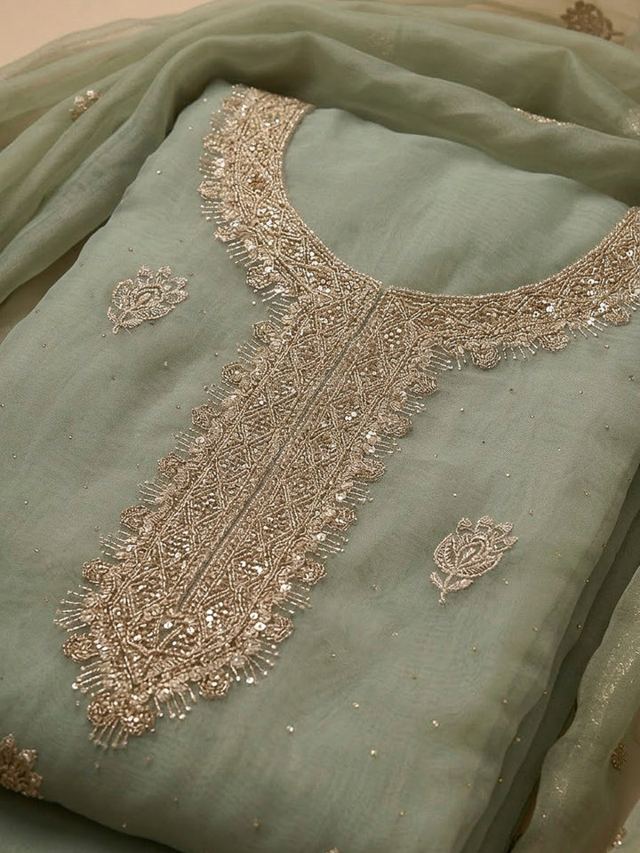 Aqua Green Organza Embroidered Unstitched Dress Material