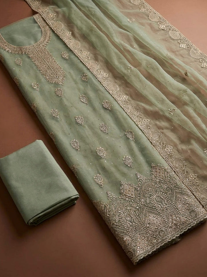 Aqua Green Organza Embroidered Unstitched Dress Material