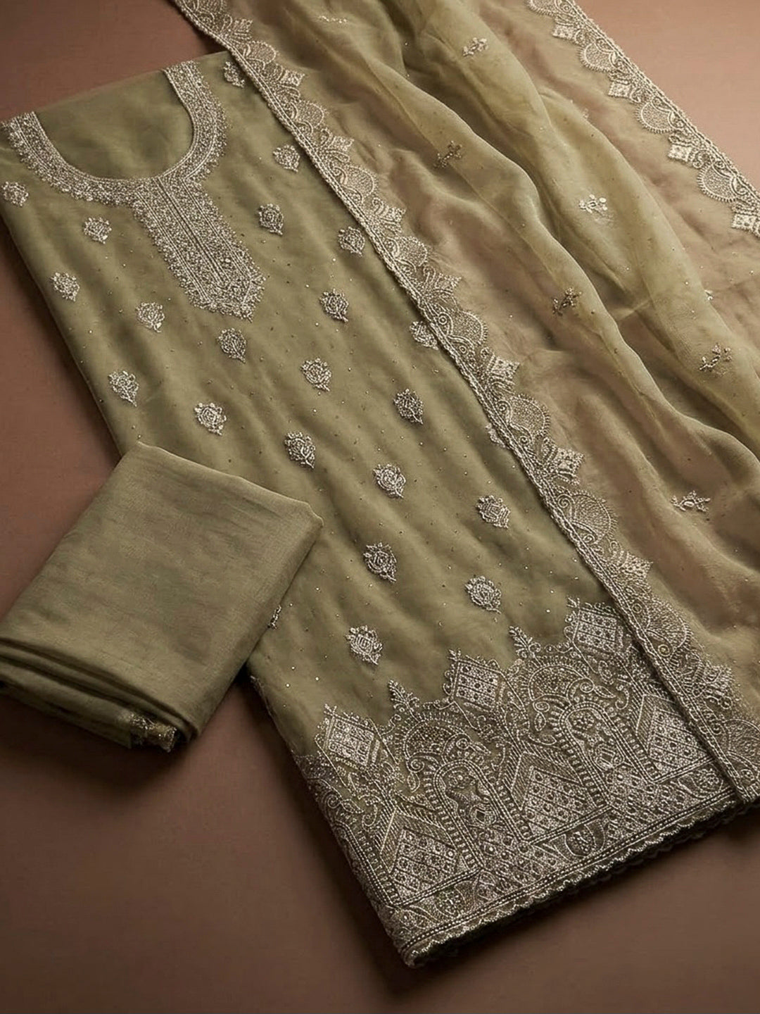 Mehndi Organza Embroidered Unstitched Dress Material