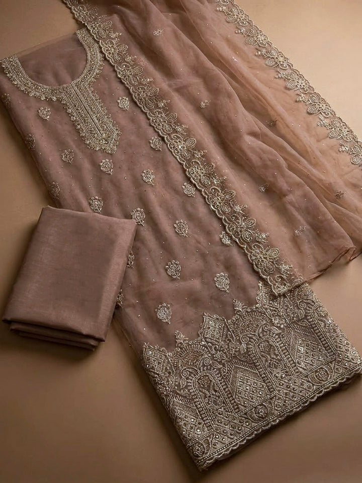 Peach Organza Embroidered Unstitched Dress Material