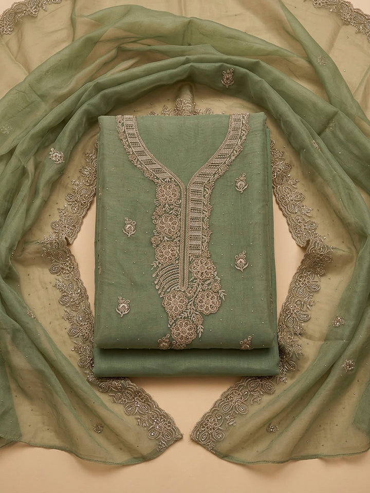 Aqua Green Organza Embroidered Unstitched Dress Material