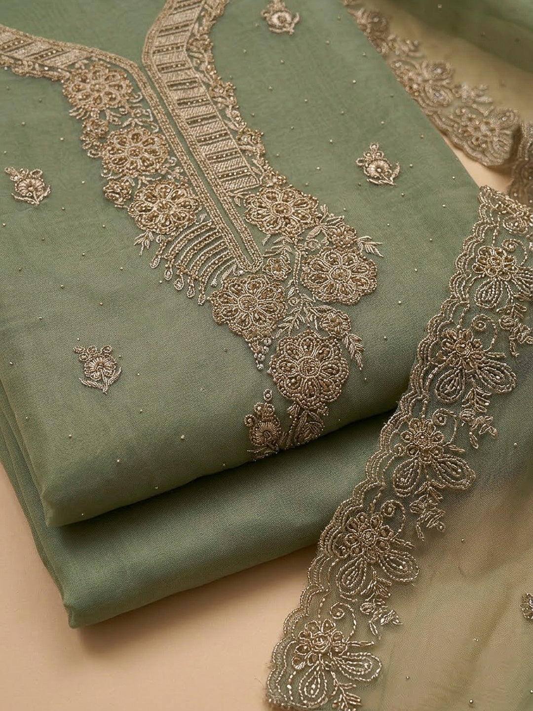 Aqua Green Organza Embroidered Unstitched Dress Material