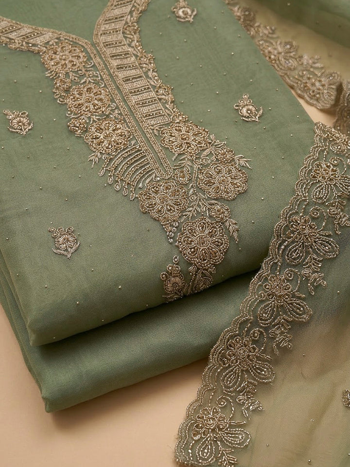Aqua Green Organza Embroidered Unstitched Dress Material