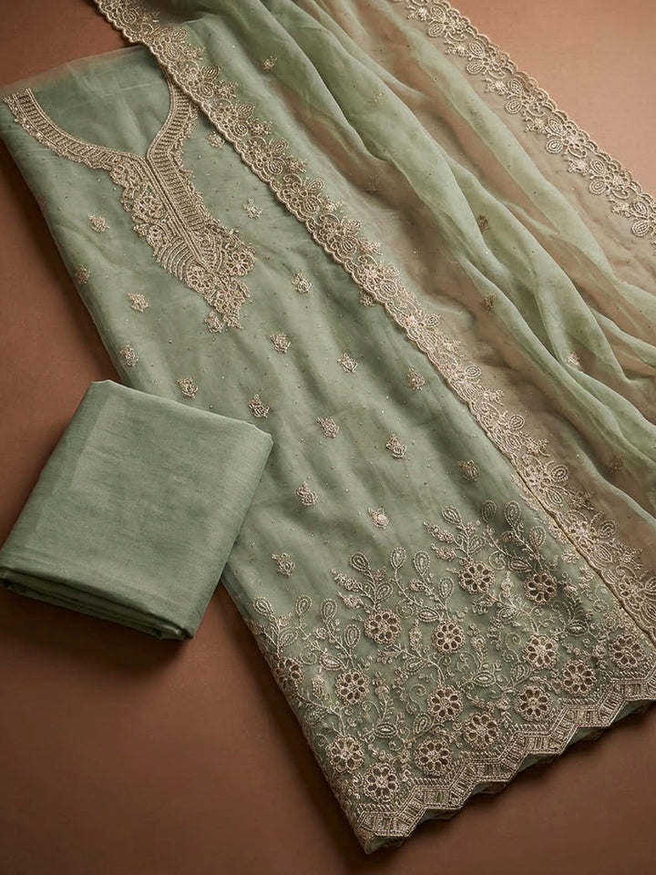 Aqua Green Organza Embroidered Unstitched Dress Material