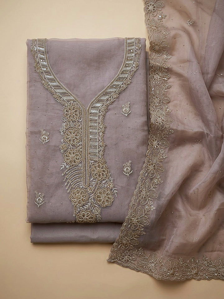Onion Pink Organza Embroidered Unstitched Dress Material