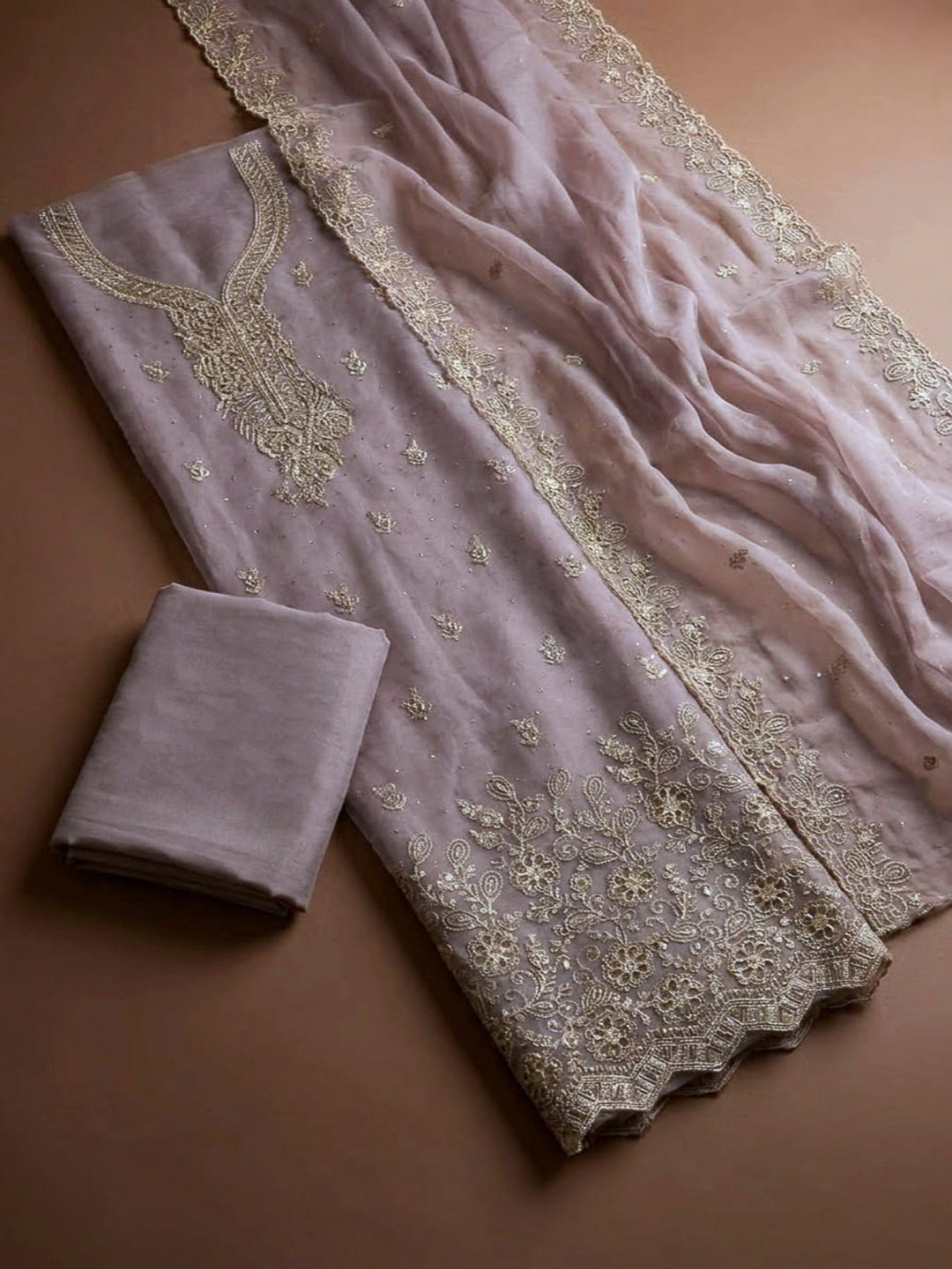 Onion Pink Organza Embroidered Unstitched Dress Material