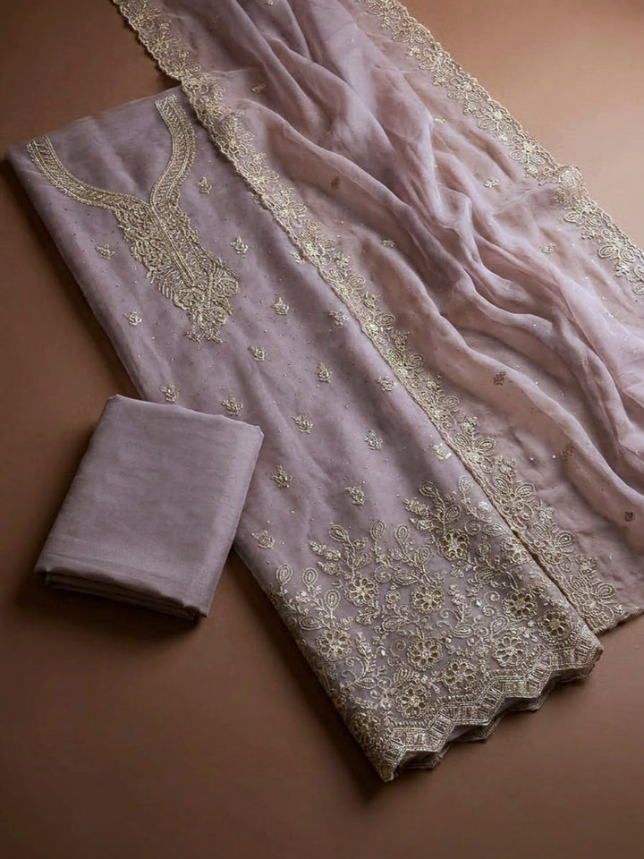 Onion Pink Organza Embroidered Unstitched Dress Material