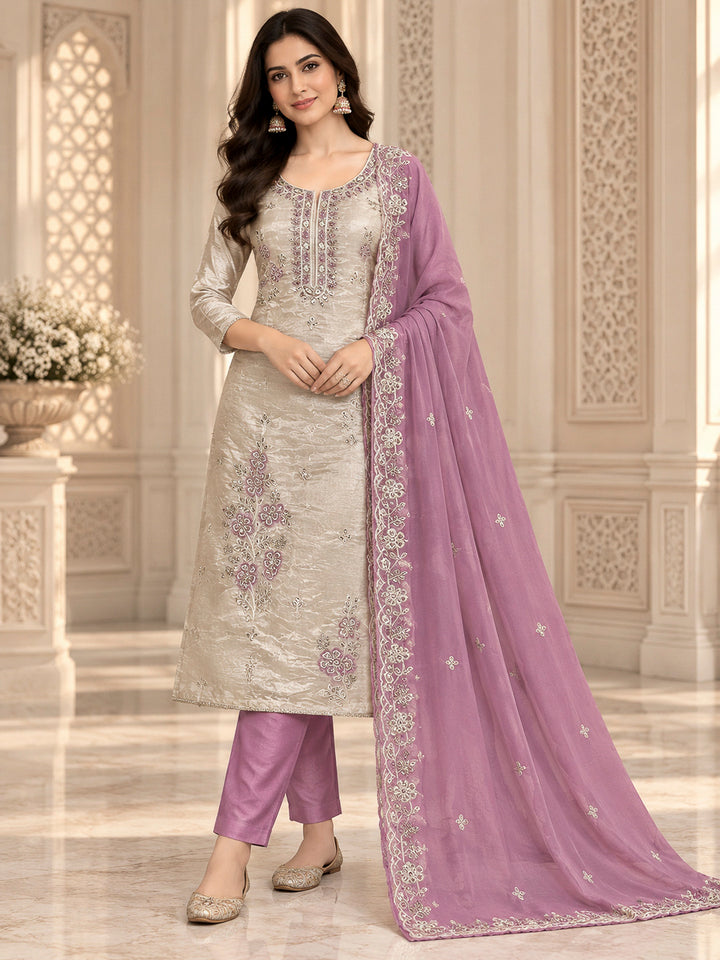 Onion Pink Tissue Embroidered Unstitched Dress Material