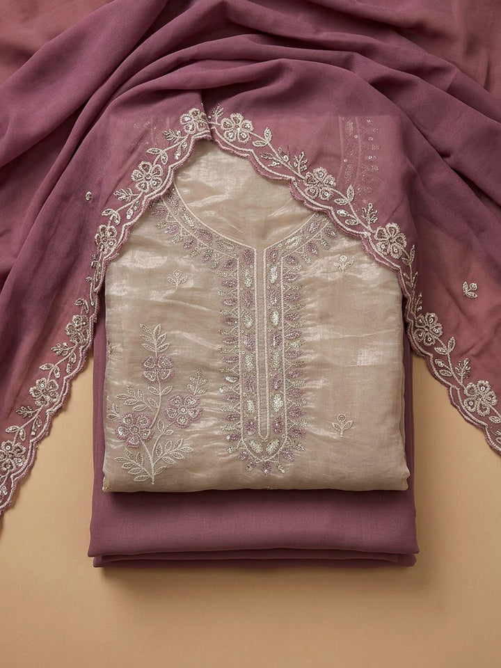 Onion Pink Tissue Embroidered Unstitched Dress Material