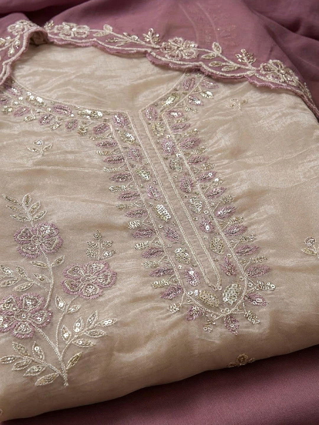 Onion Pink Tissue Embroidered Unstitched Dress Material