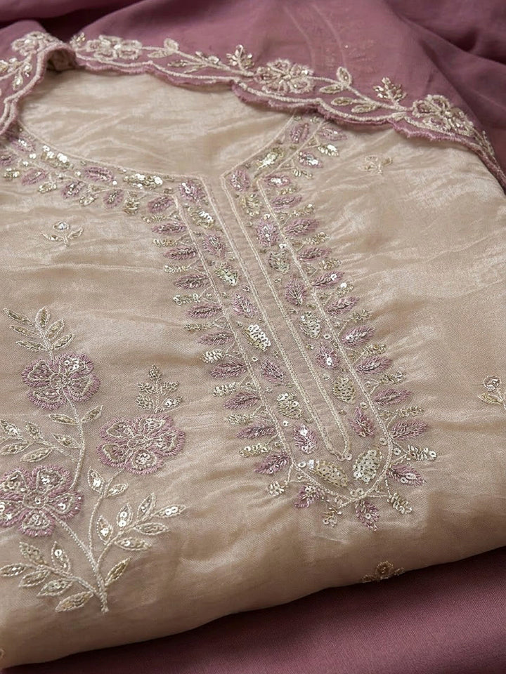 Onion Pink Tissue Embroidered Unstitched Dress Material