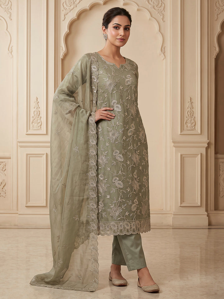 Aqua Organza Embroidered Unstitched Dress Material