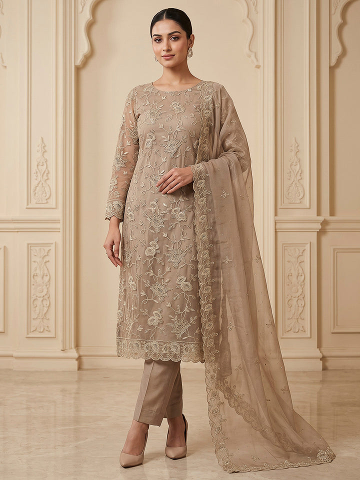 Beige Organza Embroidered Unstitched Dress Material