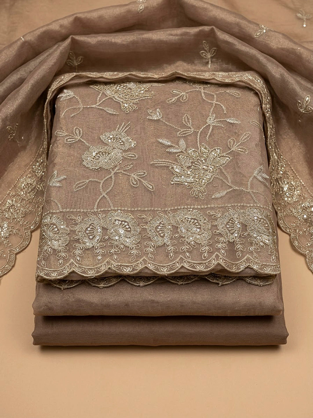 Beige Organza Embroidered Unstitched Dress Material