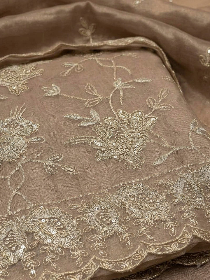 Beige Organza Embroidered Unstitched Dress Material