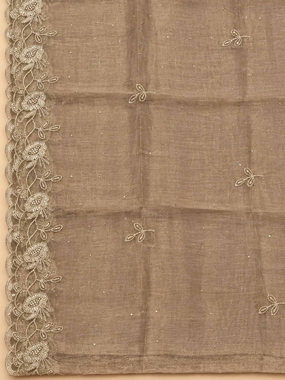 Beige Organza Embroidered Unstitched Dress Material
