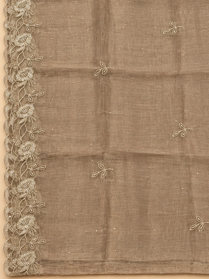 Beige Organza Embroidered Unstitched Dress Material