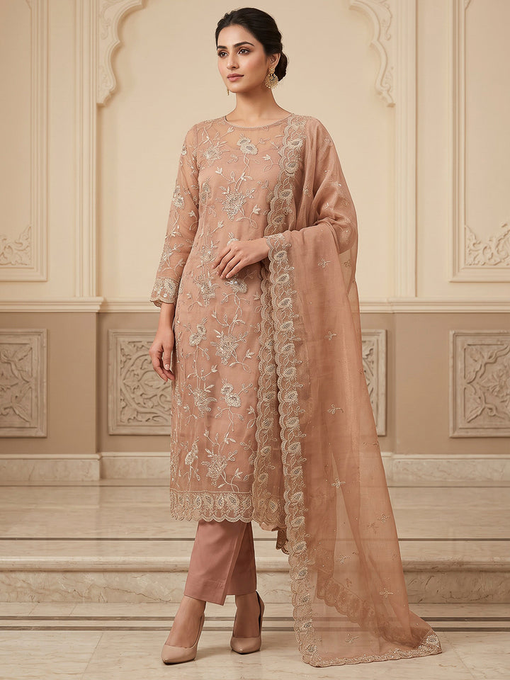Peach Organza Embroidered Unstitched Dress Material