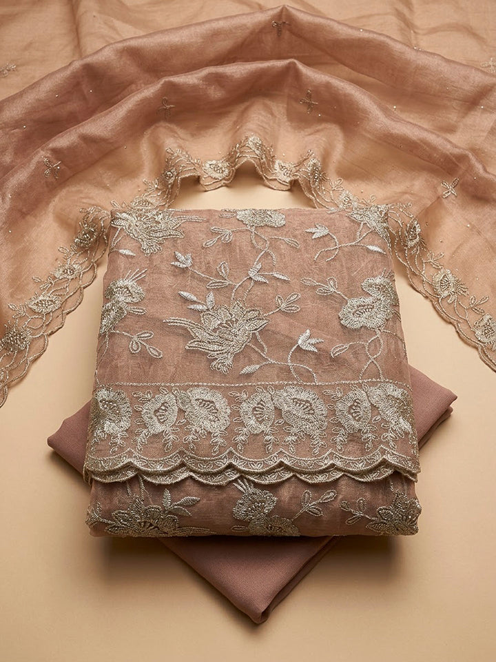 Peach Organza Embroidered Unstitched Dress Material