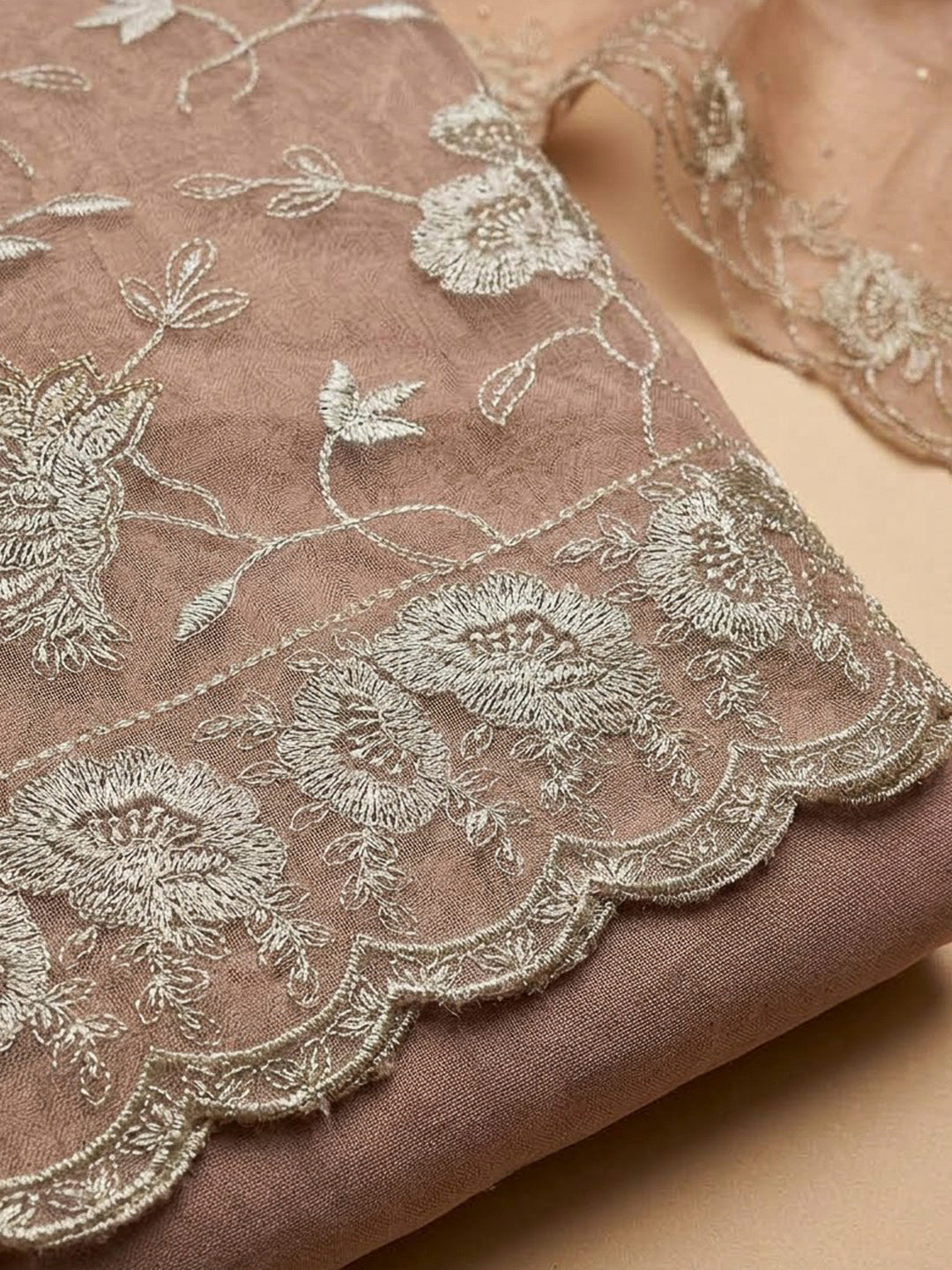 Peach Organza Embroidered Unstitched Dress Material
