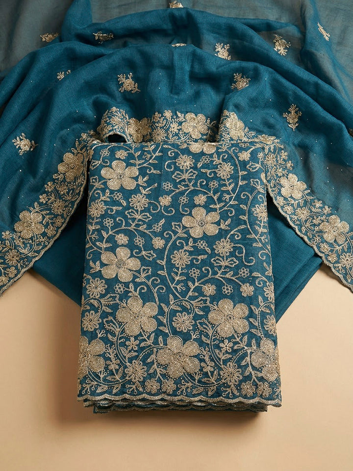 Blue Organza Embroidered Unstitched Dress Material