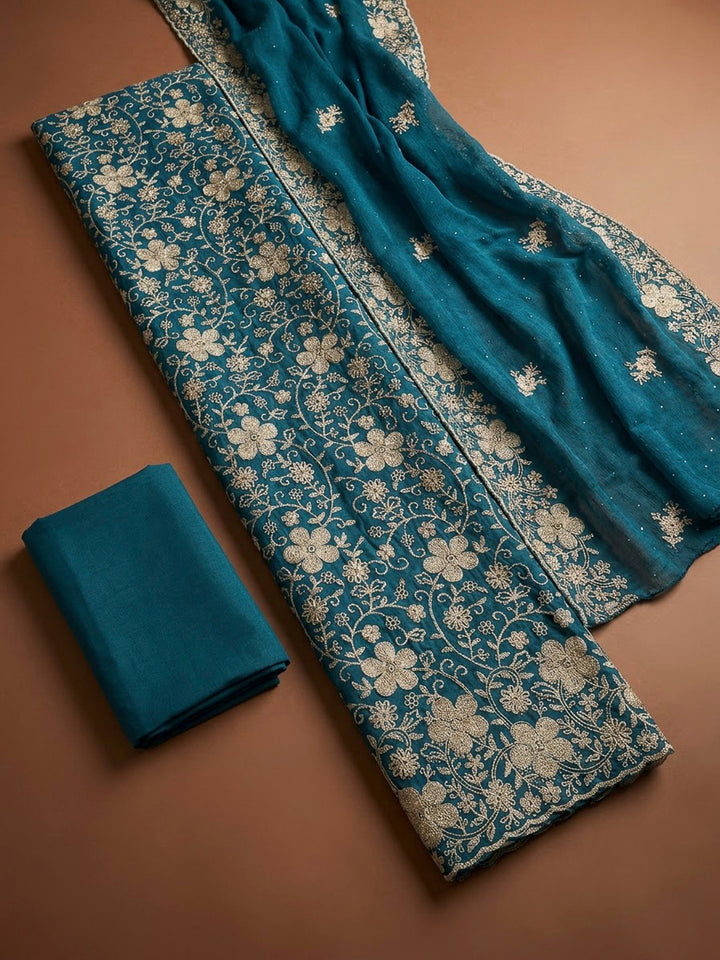 Blue Organza Embroidered Unstitched Dress Material