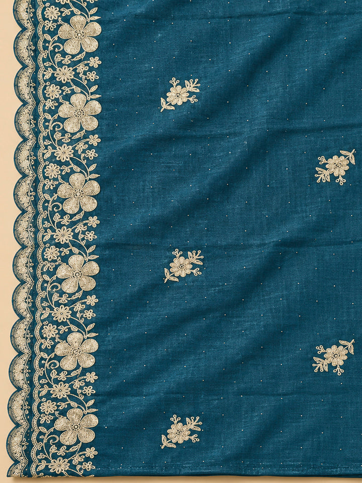 Blue Organza Embroidered Unstitched Dress Material