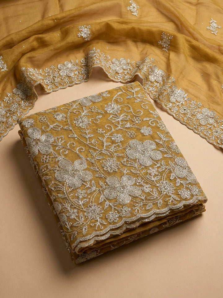 Mustard Organza Embroidered Unstitched Dress Material