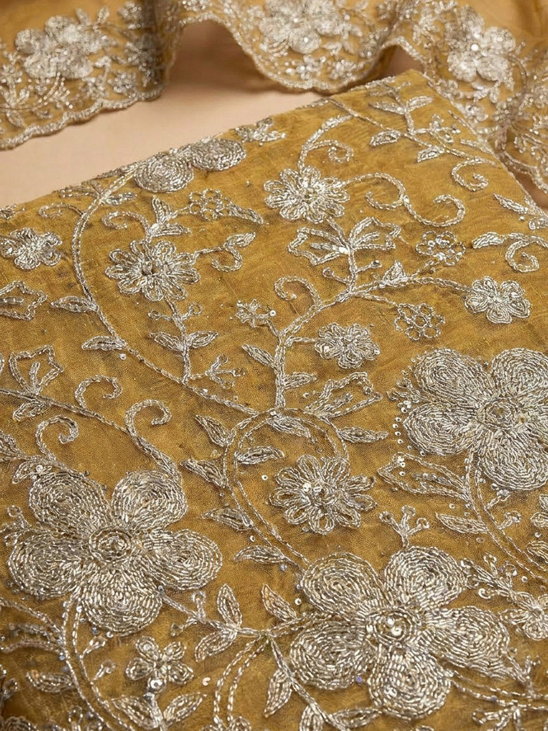 Mustard Organza Embroidered Unstitched Dress Material