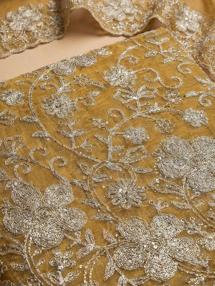Mustard Organza Embroidered Unstitched Dress Material