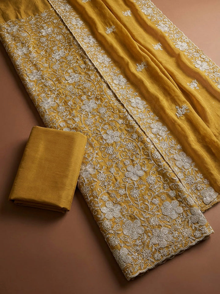 Mustard Organza Embroidered Unstitched Dress Material