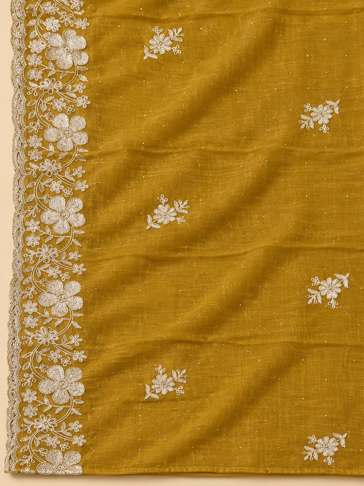 Mustard Organza Embroidered Unstitched Dress Material