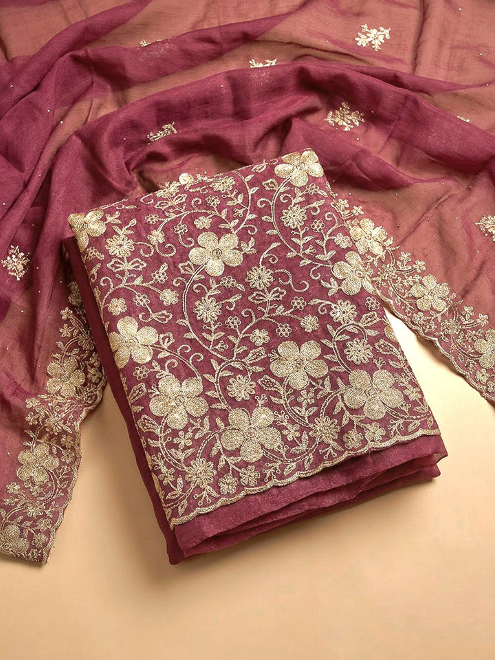Onion Pink Organza Embroidered Unstitched Dress Material