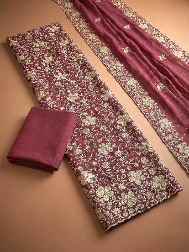 Onion Pink Organza Embroidered Unstitched Dress Material
