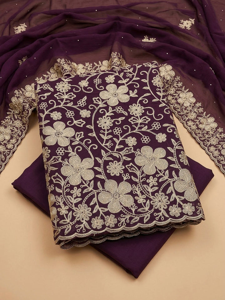 Wine Organza Embroidered Unstitched Dress Material