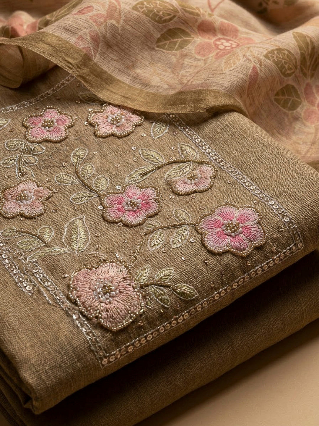 Mehndi Chanderi Embroidered Unstitched Dress Material