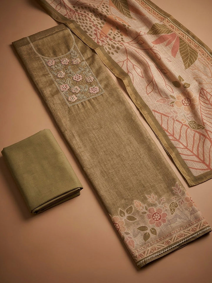 Mehndi Chanderi Embroidered Unstitched Dress Material