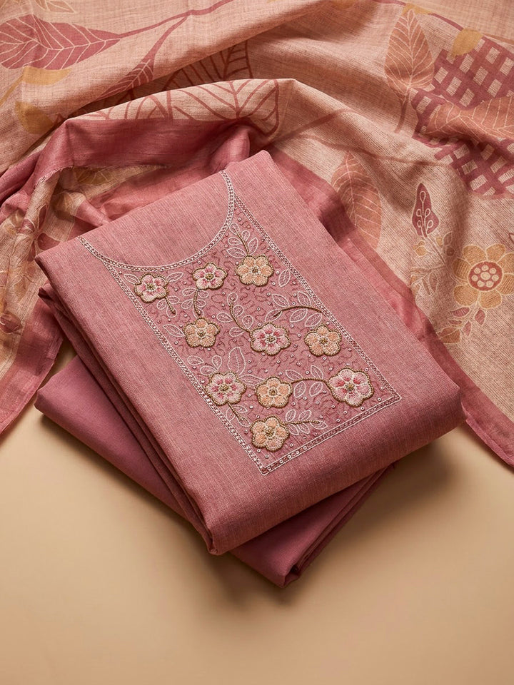 Onion Pink Chanderi Embroidered Unstitched Dress Material