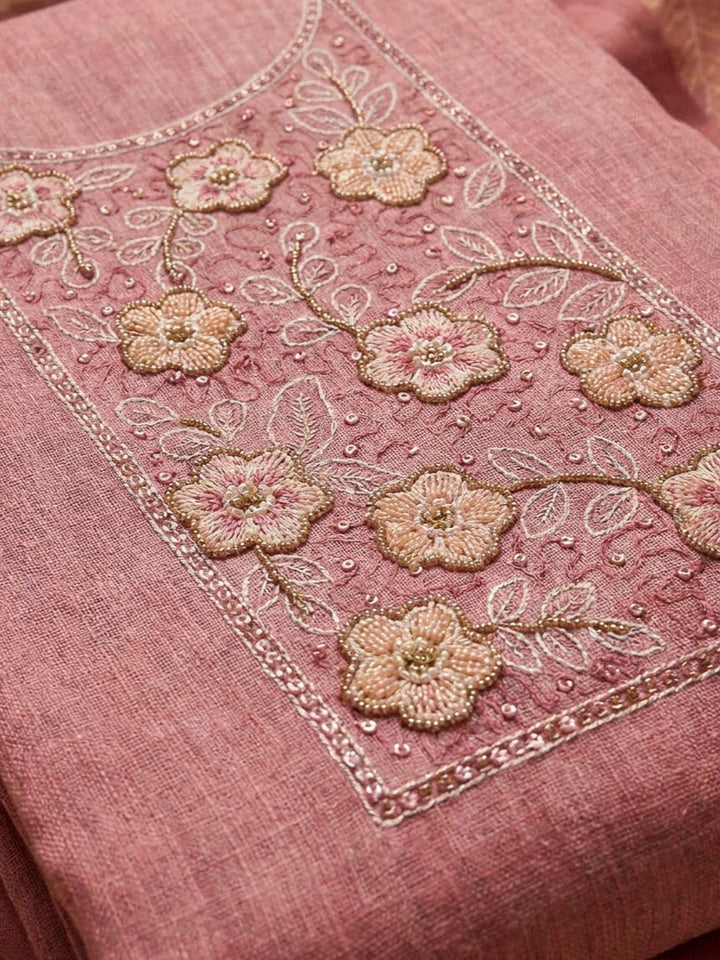 Onion Pink Chanderi Embroidered Unstitched Dress Material