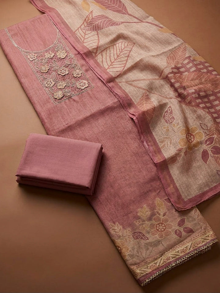 Onion Pink Chanderi Embroidered Unstitched Dress Material