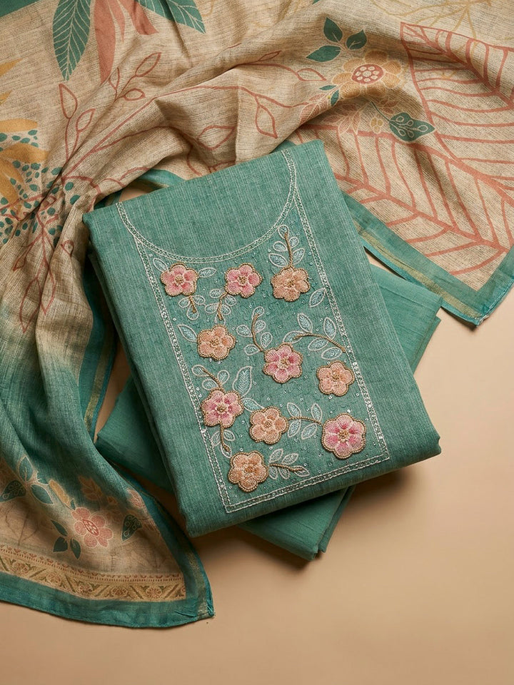 Rama Green Chanderi Embroidered Unstitched Dress Material