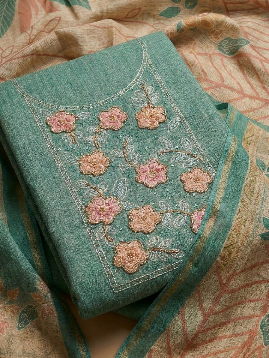 Rama Green Chanderi Embroidered Unstitched Dress Material
