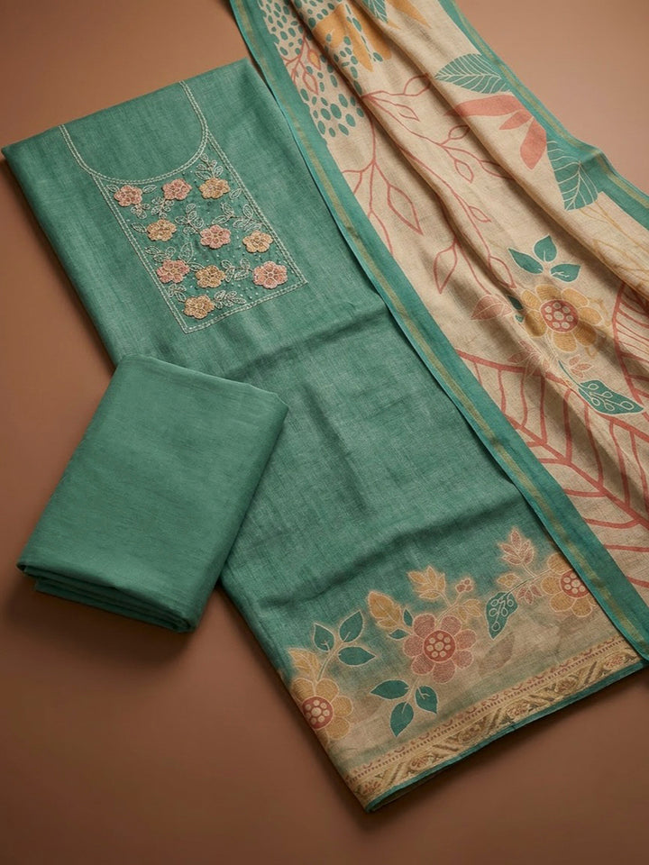 Rama Green Chanderi Embroidered Unstitched Dress Material