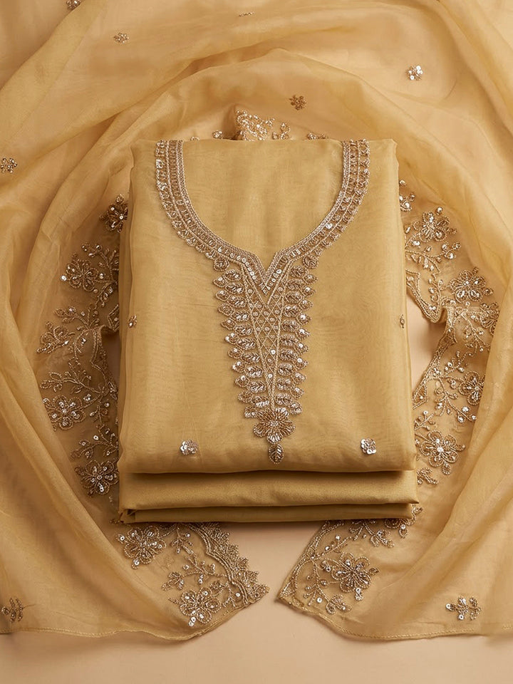 Beige Organza Embroidered Unstitched Dress Material